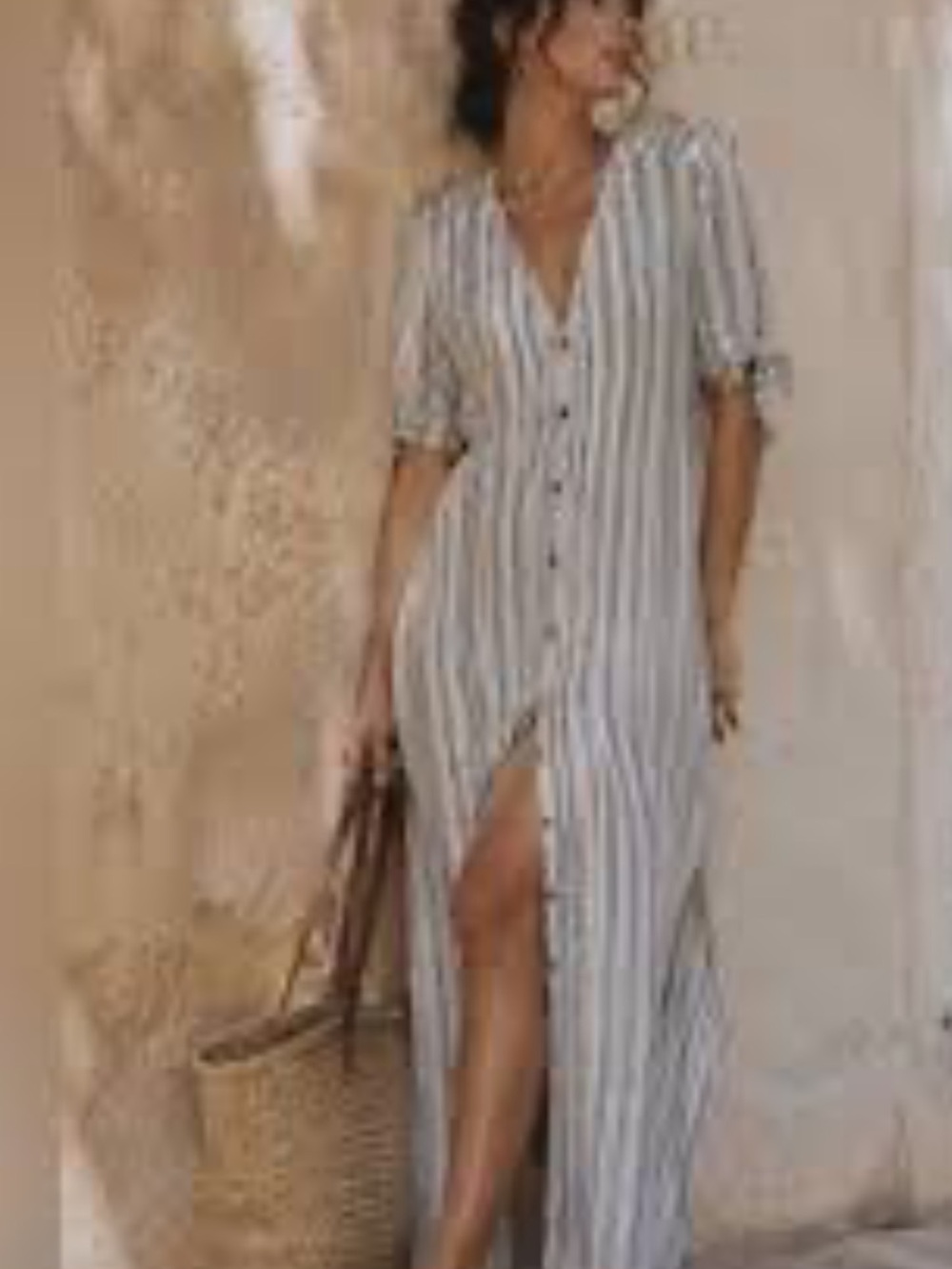 reformation Striped Button-Front Maxi Shirt Dress in White and Black small